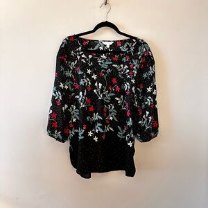 LC Lauren Conrad Black Floral Puff-Sleeve Blouse